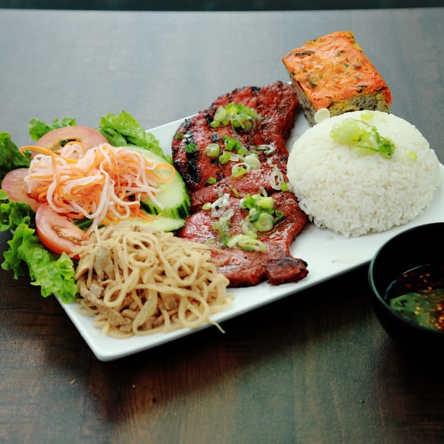 Vr3.Rice Platter with Grilled Pork Chop, Shredded Pork and Meatloaf.