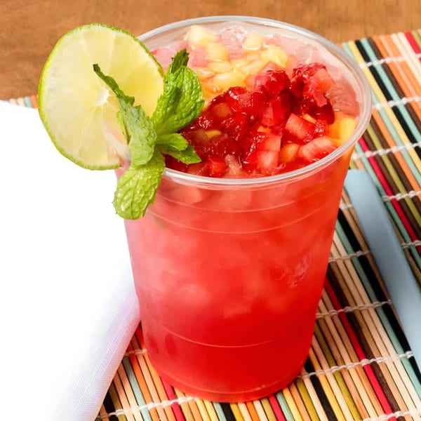A vibrant red Teabreak Pho & Boba drink with diced fruit, mint, and a lime slice.