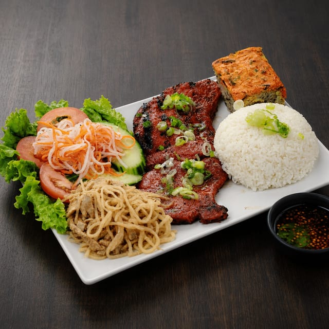 Vr3.Rice Platter with Grilled Pork Chop, Shredded Pork and Meatloaf.